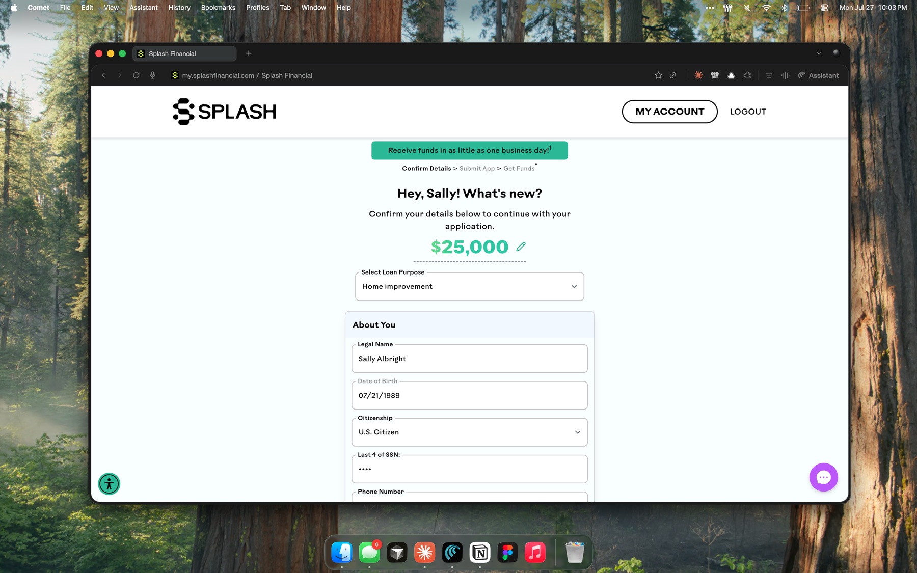 The Splash one-page application, greeting a returning applicant by name with their loan amount, purpose, and personal details already filled in.