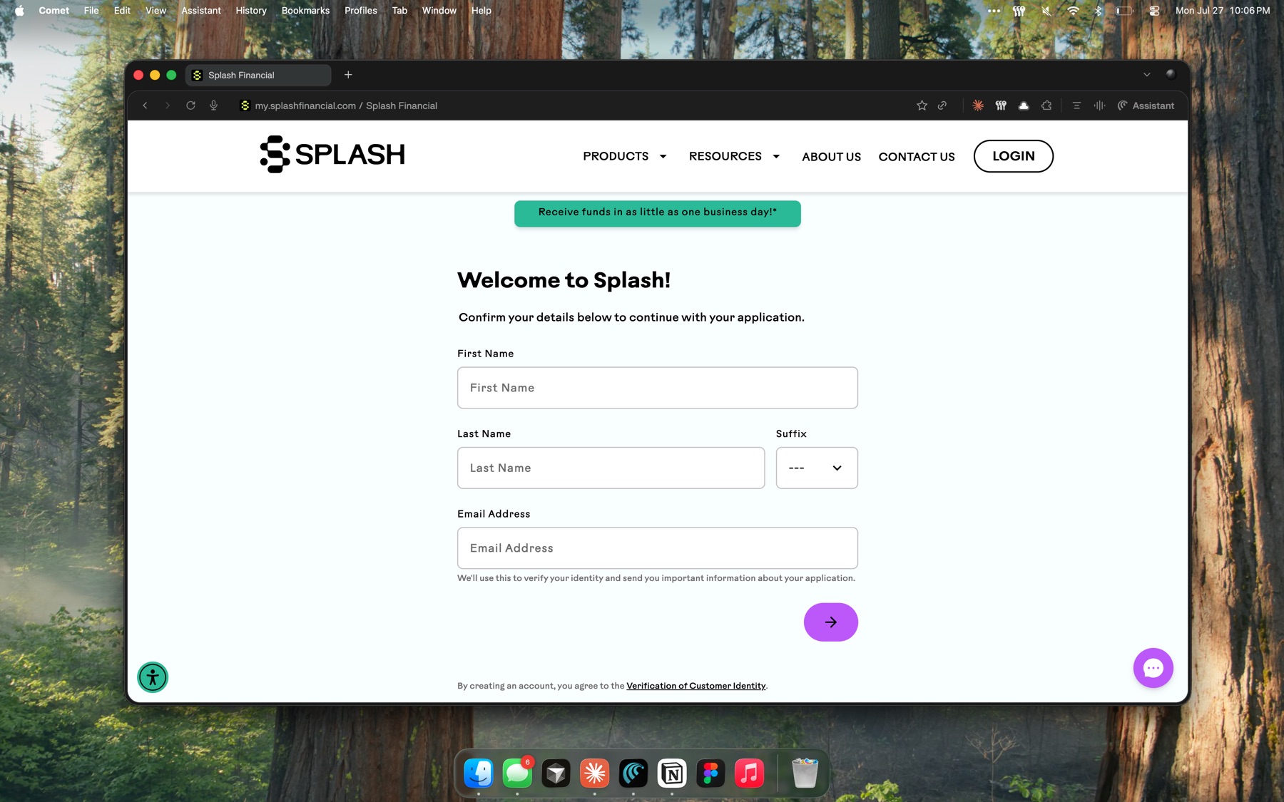 The redesigned Splash onboarding screen, asking only for first name, last name, and email address before continuing an application.